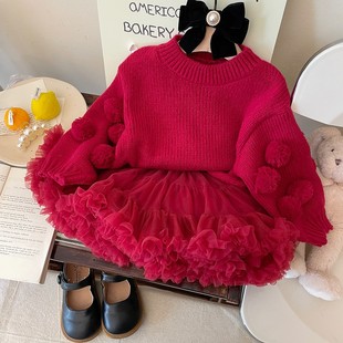 韩版春秋女童新年圣诞红色毛球泡泡袖毛衣儿童灯笼袖针织衫tutu裙