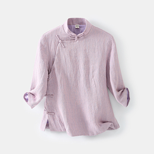龙妙旗袍上衣春季 高品质双色色织亚麻 七分袖盘扣中式女装 淡紫