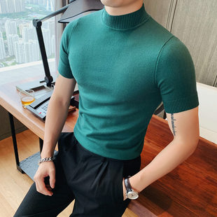 短袖t恤男韩版修身纯色半高领针织打底衫英伦型男紧身休闲百搭T恤