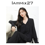 IAmMIX27冰丝长袖衬衫女宽松法式复古系带领缎面丝滑黑色衬衣女薄
