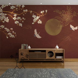 新中式古风壁纸玉兰花客厅沙发背景墙纸古典仙鹤壁画茶室书房墙布