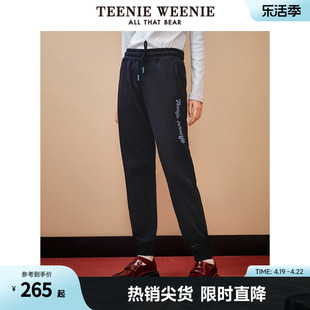 TeenieWeenie小熊女装时尚印花束脚收腰卫裤宽松休闲裤黑色长裤子