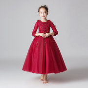 儿童礼服公主裙女童生日红色，长袖花童婚纱主持人钢琴演出服秋冬季