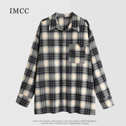 IMCC设计感小众港风复古藏青格子衬衫女宽松大版慵懒上衣外套ins