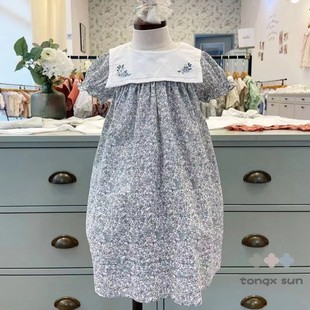 韩国设计款女童夏季裙子薄款纯棉，优雅气质碎花翻领短袖连衣裙