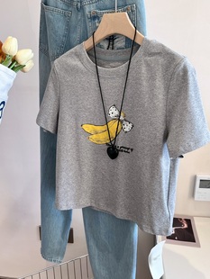 可爱香蕉印花短袖t恤 韩国夏季显瘦小版圆领短款小个子T恤女上衣