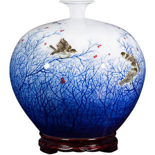 景德镇陶瓷器花瓶手绘青花瓷石榴，瓶摆件大号，中式客厅办公室装