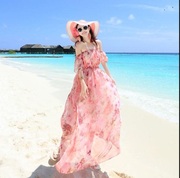 度假2层沙滩裙一字肩雪纺连衣裙夏季甜美显瘦公主裙露肩气质长裙