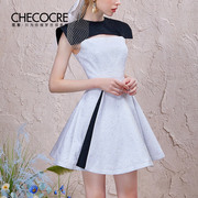茬客黑白旋律连衣裙2021夏季小众拼色无袖设计感提花短裙