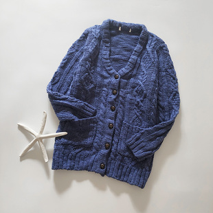 冬季外贸克莱因蓝v领粗毛线中长款厚毛衣开衫，长袖保暖毛线外套