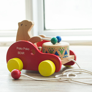 学步拖拉牵引木制早教玩具儿童，益智榉木小熊敲鼓拉拉车彩盒版