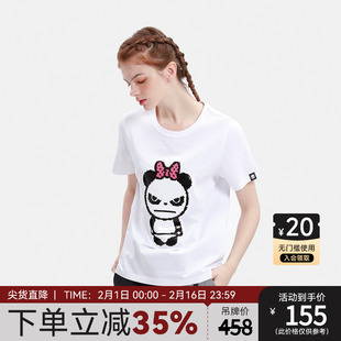 Hipanda你好熊猫夏季女经典熊猫珠片T恤圆领百搭纯棉上衣设计潮牌