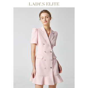 ladyselite慕裁粉色双排，扣西装裙，2023春夏休闲通勤工作裙子