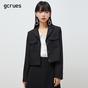 gcrues黑色短款西装女韩版春秋小个子时尚西装领外套长袖