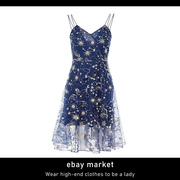 ebay设计师款梦幻星空深蓝色，绣花吊带连衣裙子显瘦宴会晚礼服长裙