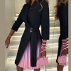 欧美秋季气质女装渐变收腰绑带中袖连衣裙中长款百褶裙子dress
