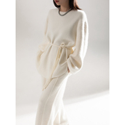 BELIN 米白色针织毛衣女秋冬高级感极简温柔宽松系带圆领套头上衣