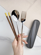 浩尊木筷子勺子套装叉子学生一人用收纳盒单人装便携餐具三件套