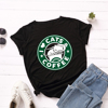 ！ 亚马逊跨境欧美 创意猫咪咖啡纯棉大码短袖时尚宽松女T恤