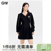 GW大码女装连帽休闲收腰显瘦显脸小黑色连衣裙2024春季微胖mm