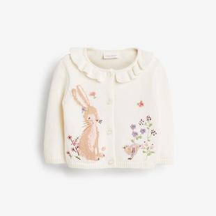 英国NEXT童装女婴儿女宝宝白色可爱兔子圆领针织开衫毛衣外套