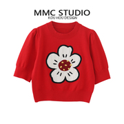 mmc2023早春圆领泡泡袖，海棠花朵刺绣，印花短袖针织衫毛衣上衣