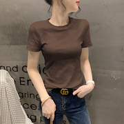 咖啡色小高领短袖T恤女夏2023韩版修身百搭体恤半袖打底上衣