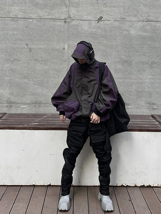 Grailz高街工装机能黑紫色拼接撞色魔术贴冲锋衣休闲连帽夹克外套