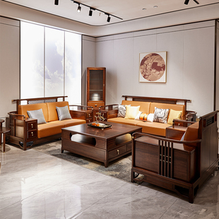 新中式实木沙发组合现代中式客厅禅意中国风大户型别墅乌金木家具
