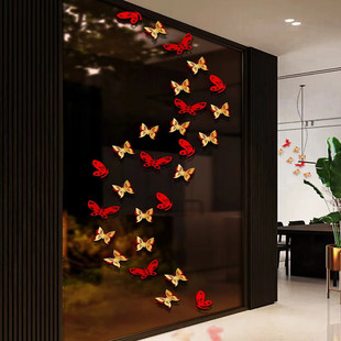 红色仿真蝴蝶立体门贴新年装饰品，花朵墙壁植绒布，喜庆新房布置卧室