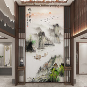 8新中式水墨山水画玄关背景墙布，走廊旭日东升装饰墙壁纸过道壁画