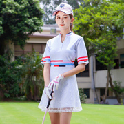 高尔夫服装女士连衣裙v立领，高腰蕾丝短裙修身短袖，t恤运动裙