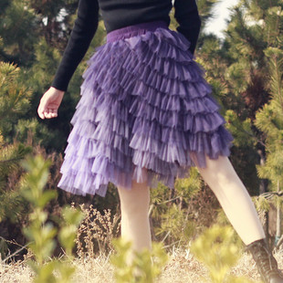 2023春夏紫色渐变短款蛋糕，裙高腰蓬蓬裙，多层次不规则半身裙