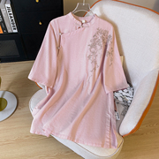 新中式国风刺绣旗袍衬衫，女夏季复古斜襟盘扣，改良版唐装中长款上衣