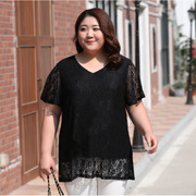 韩版女士蕾丝短袖胖加大码斤上衣镂空花宽松型中性，运动t恤