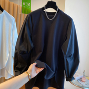 韩系设计感小众宽松拼接前短后长袖t恤女秋装薄款圆领打底衫上衣