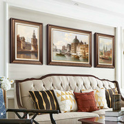 欧式复古客厅装饰画轻奢抽象山水画，壁画沙发背景墙，画三联画有框画