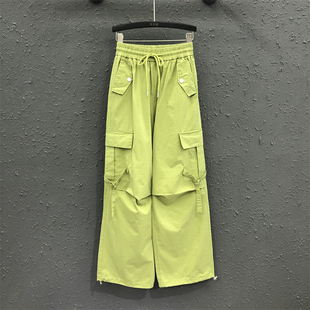 欧货韩版休闲荧光绿工装裤，女2024春夏个性系带，显瘦直筒长裤潮
