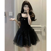 黑色甜辣妹高级感连衣裙女2023年夏季小个子泡泡，袖蓬蓬公主裙
