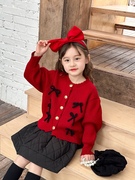女童红色新年服儿童甜美蝴蝶结毛衣喜气宝宝时尚针织开衫外套潮冬