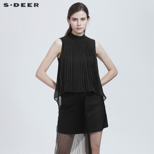 sdeer圣迪奥夏装休闲风琴褶雪纺黑色衬衫女设计感小众S21280606