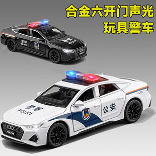 合金奥迪警车玩具车，模型仿真110警察，男孩儿童声光回力玩具小汽车