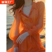 橘色雪纺衬衫连衣裙春装女2024年法式绝美海边度假仙女裙夏季