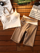 运动套装女夏季紧身拼色五分裤，速干跑步健身吊带文胸裸感瑜伽服