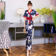 韩版印花连衣裙女夏季五分袖绑带收腰修身显瘦包臀和服长裙子