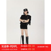 pempl连衣裙女夏季廓形垫肩高克重短袖包臀裙子，低腰黑色短裙