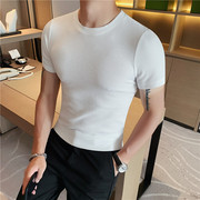 夏季男士短袖打底衫韩版修身华夫格时尚，圆领纯色半袖t恤型男内搭