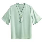 雪纺衬衫女中袖夏季韩版宽松洋气，小衫喇叭袖v领气质打底衬衣