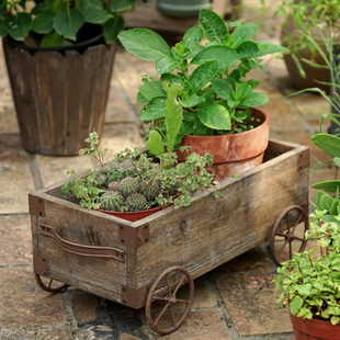 克洛伊小拖车花盆花架铁艺实木，美式复古做旧创意，花园花房装饰物品