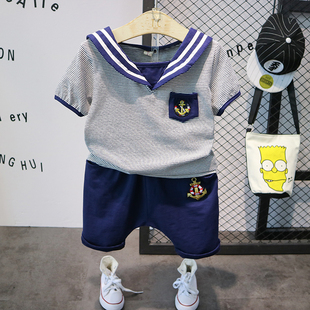男童短袖夏装套装，20222-3-4-5-6岁宝宝水手服，儿童条纹两件套